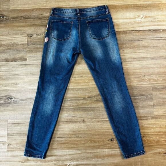 Angels Kiss Women's 9 Embroidered Rose Skinny Jeans Midrise Distressed Stretchy - Picture 7 of 8